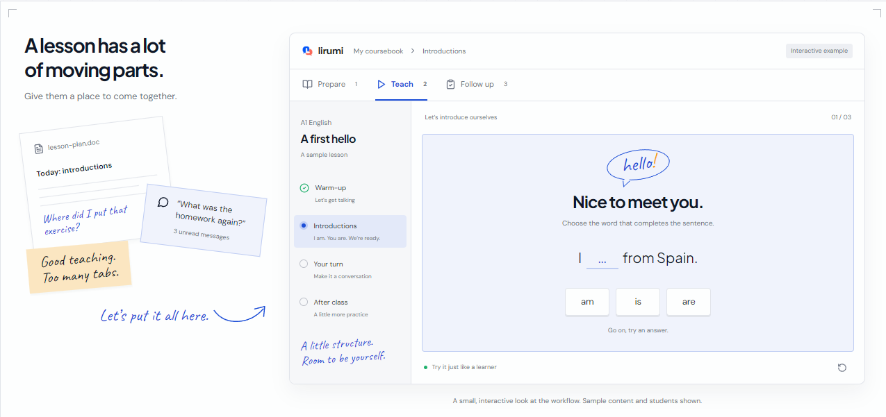 Lirumi’s interactive sample lesson with prepare, teach and follow-up steps